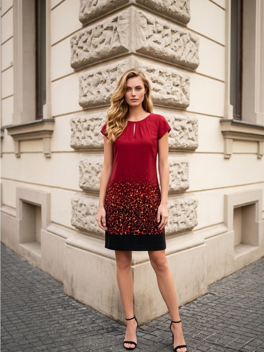 Women’s Red Short Sleeve Shift Dress with Leopard Ombre